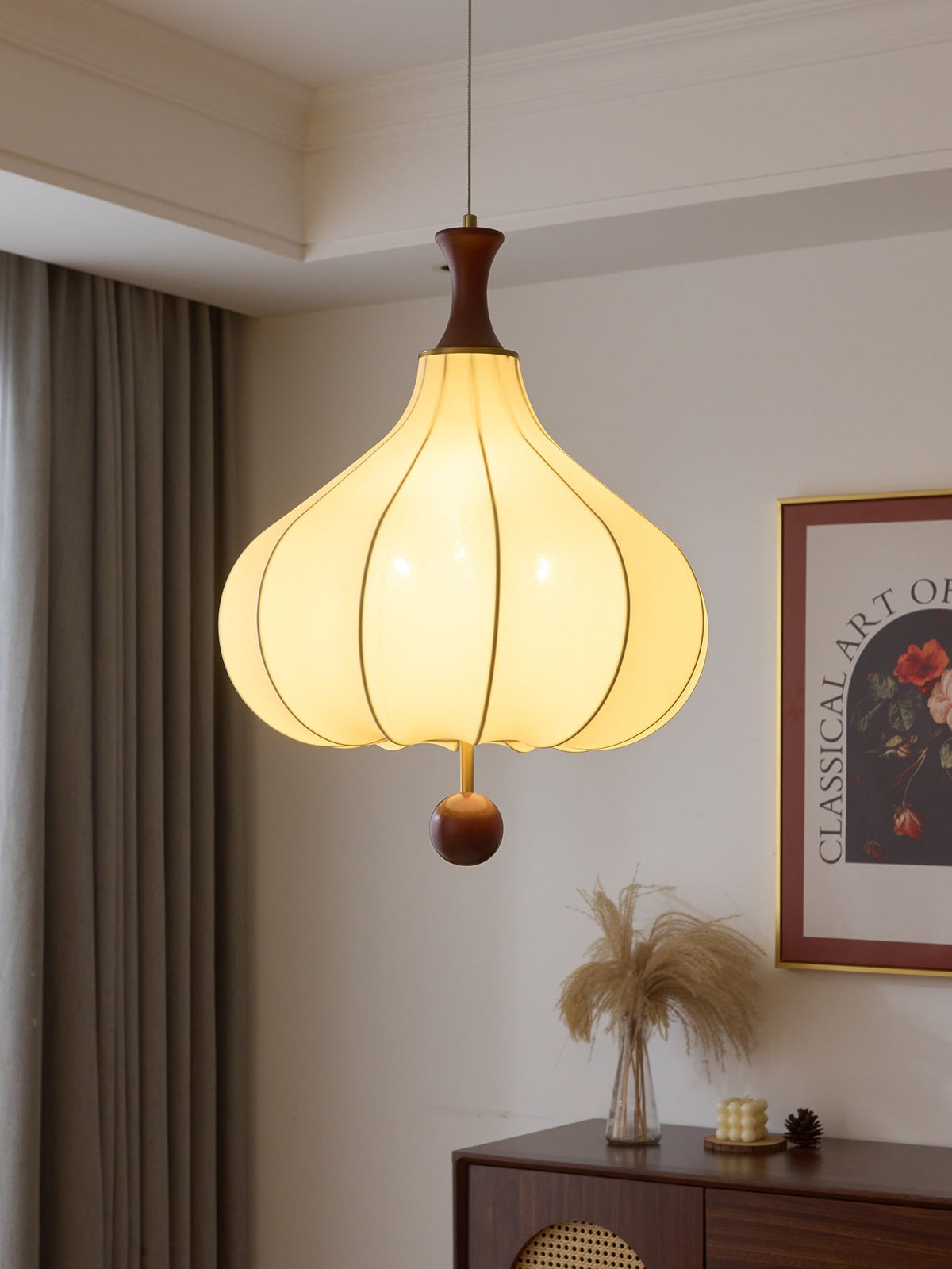 Whispering Grace Fabric Pendant Light with Walnut Wood Accents