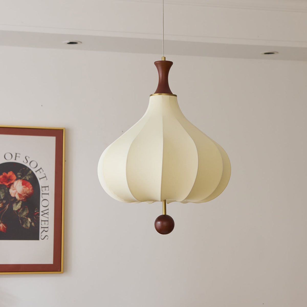 Whispering Grace Fabric Pendant Light with Walnut Wood Accents
