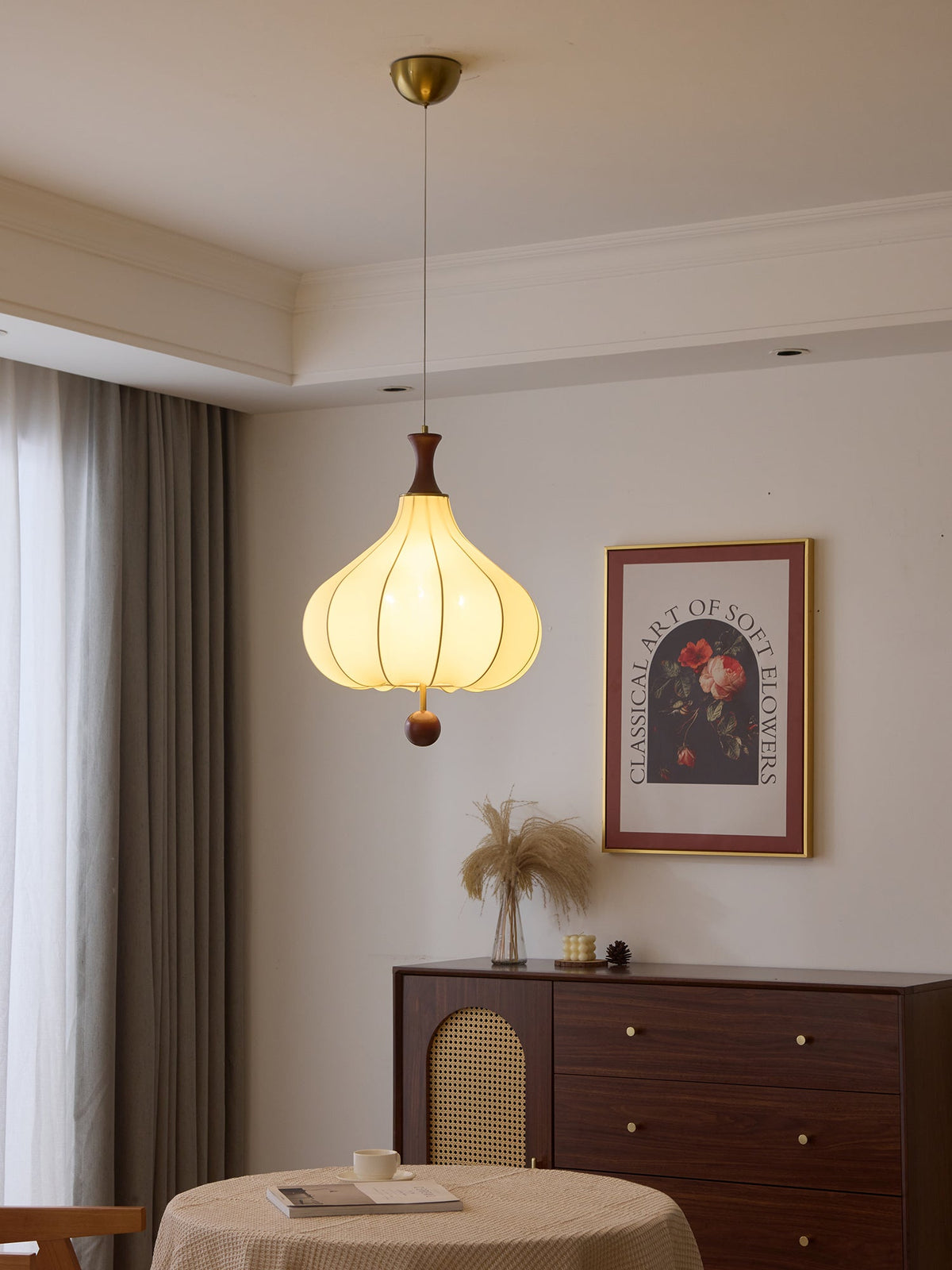 Whispering Grace Fabric Pendant Light with Walnut Wood Accents