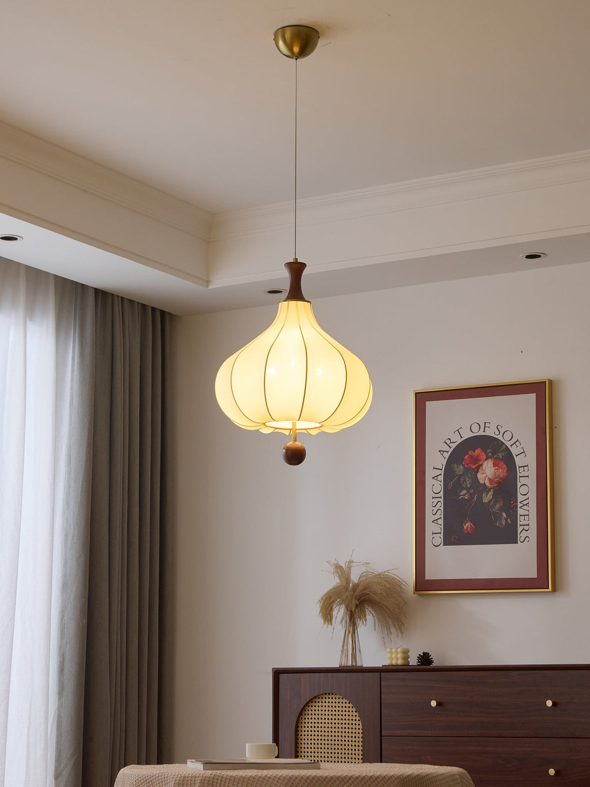 Whispering Grace Fabric Pendant Light with Walnut Wood Accents