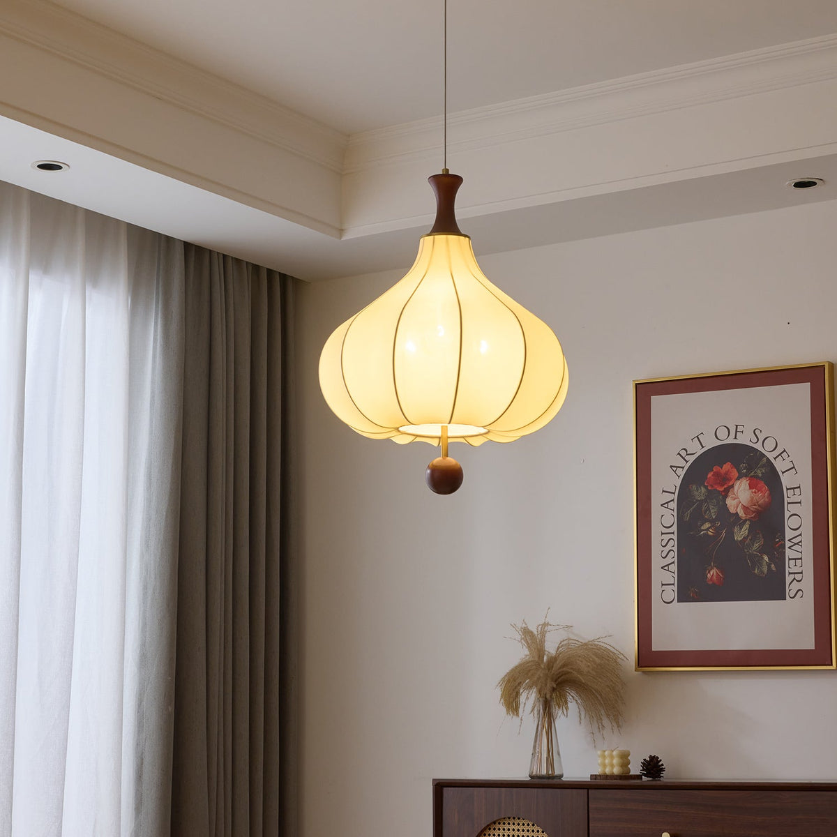Whispering Grace Fabric Pendant Light with Walnut Wood Accents