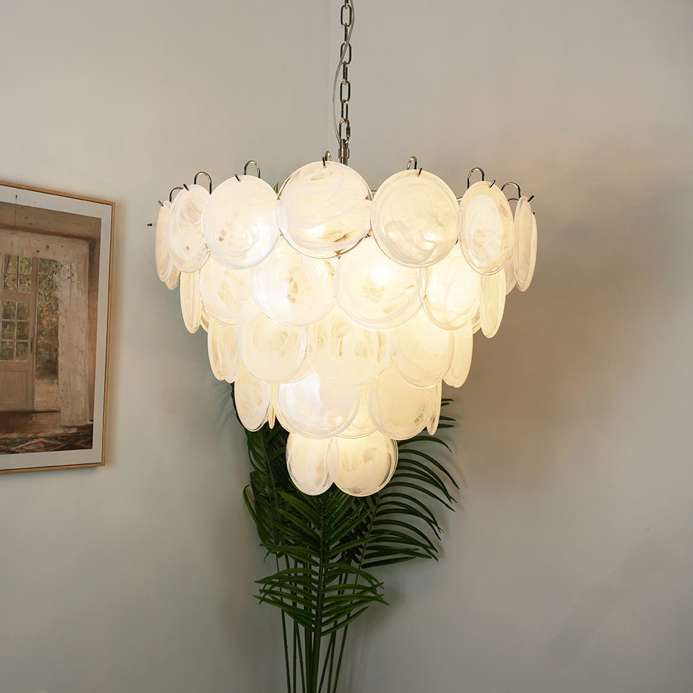 Lumina White Glass Disc Chandelier – Modern Designer Pendant Light for Dining Room and Living Room