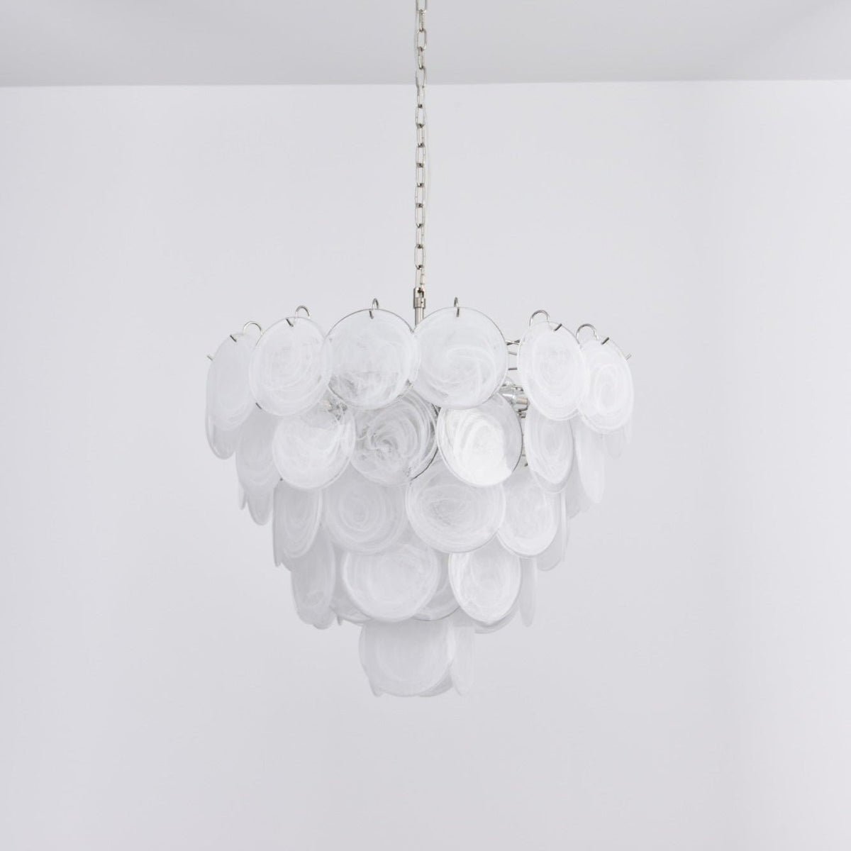 Lumina White Glass Disc Chandelier – Modern Designer Pendant Light for Dining Room and Living Room