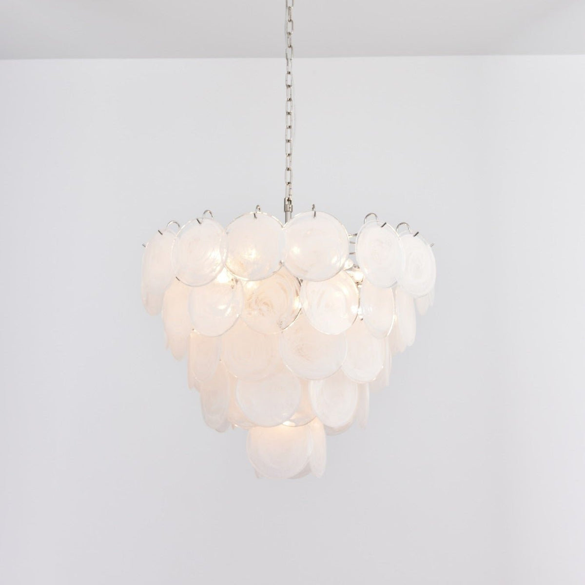 Lumina White Glass Disc Chandelier – Modern Designer Pendant Light for Dining Room and Living Room