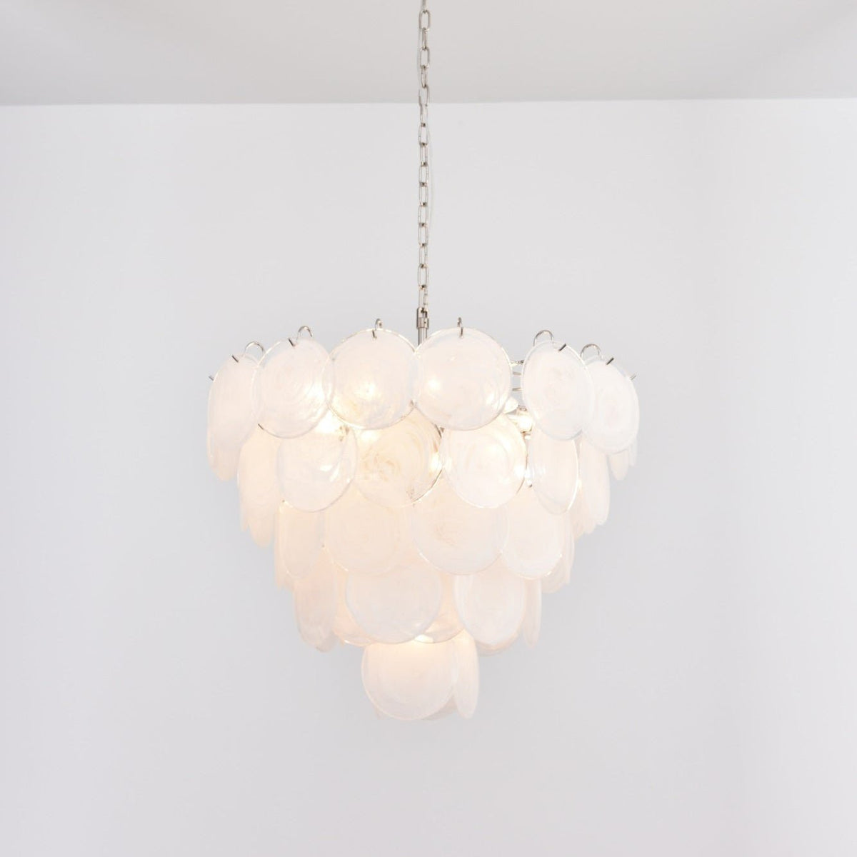 Lumina White Glass Disc Chandelier – Modern Designer Pendant Light for Dining Room and Living Room
