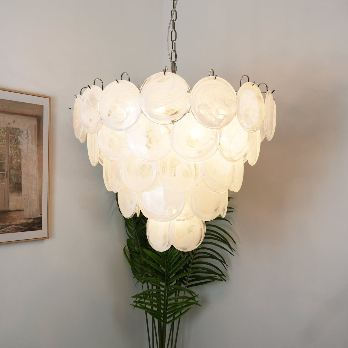 Lumina White Glass Disc Chandelier – Modern Designer Pendant Light for Dining Room and Living Room