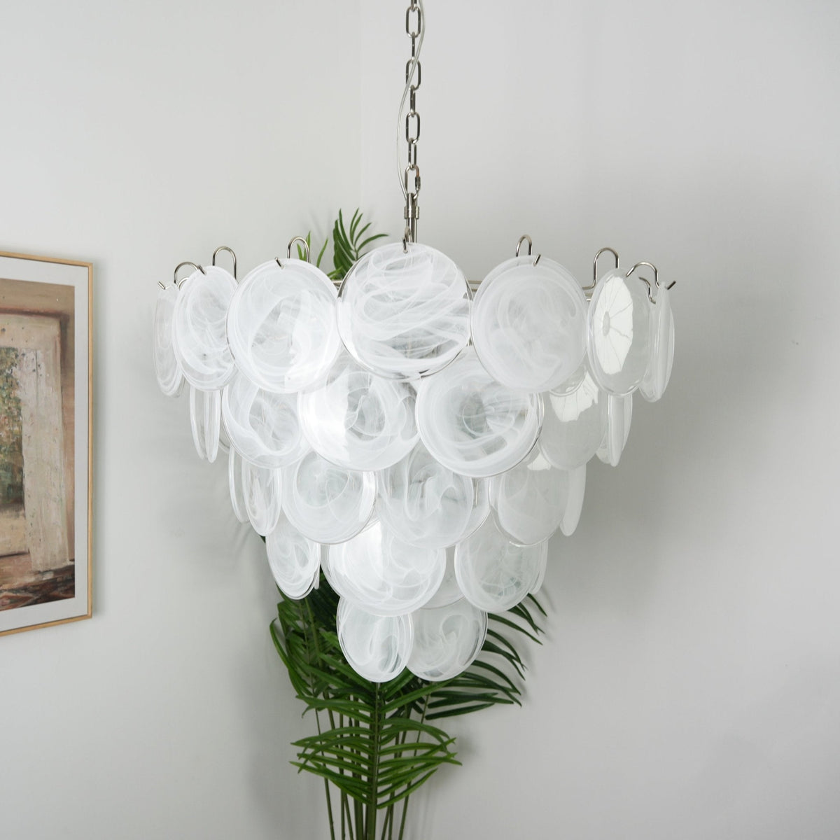 Lumina White Glass Disc Chandelier – Modern Designer Pendant Light for Dining Room and Living Room