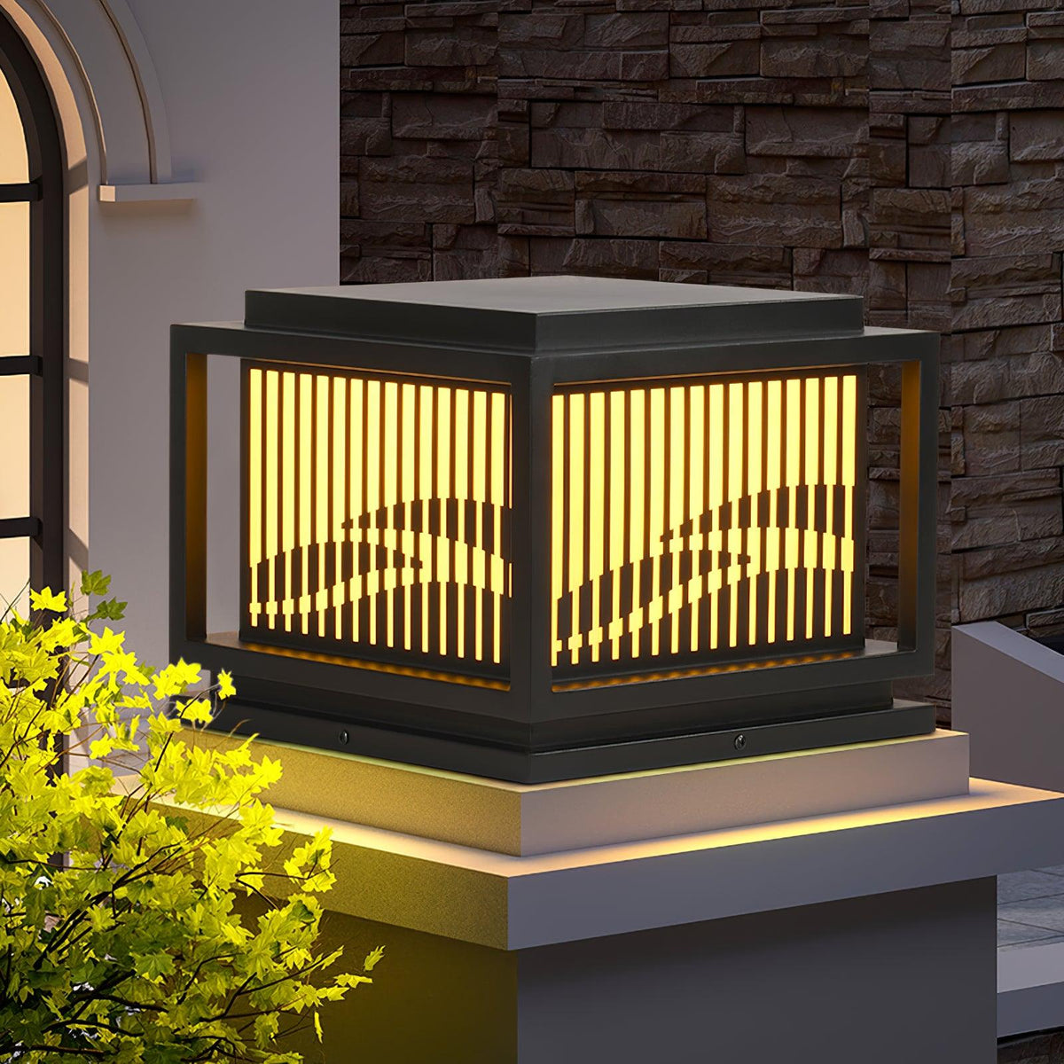 Window Grille Outdoor Post Light in Black & White with Alabaster Panels