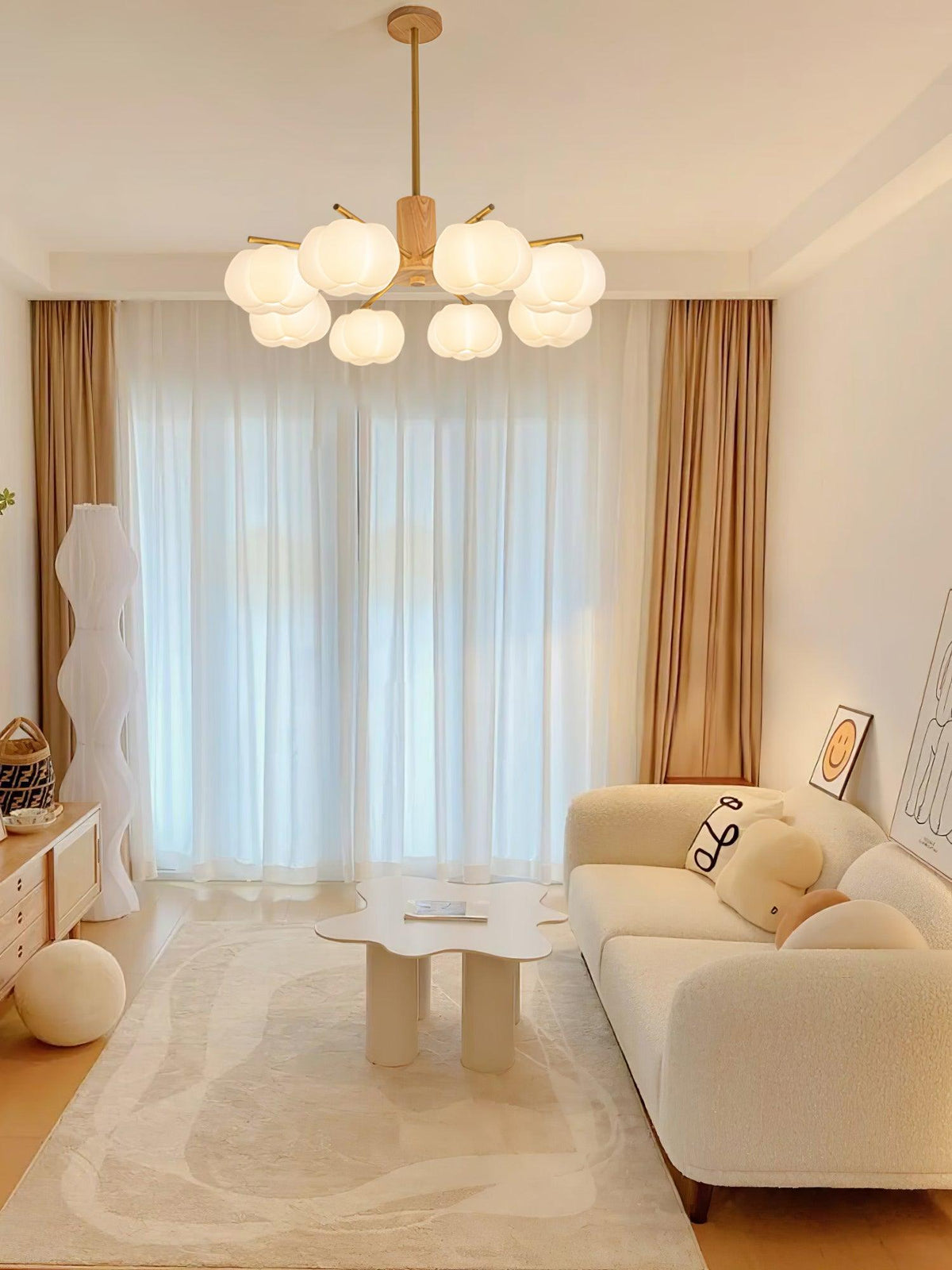 Modern Wooden Cotton Ball Chandelier with Gold Metal Accents for Living Room and Dining Room