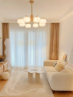 Modern Wooden Cotton Ball Chandelier with Gold Metal Accents for Living Room and Dining Room