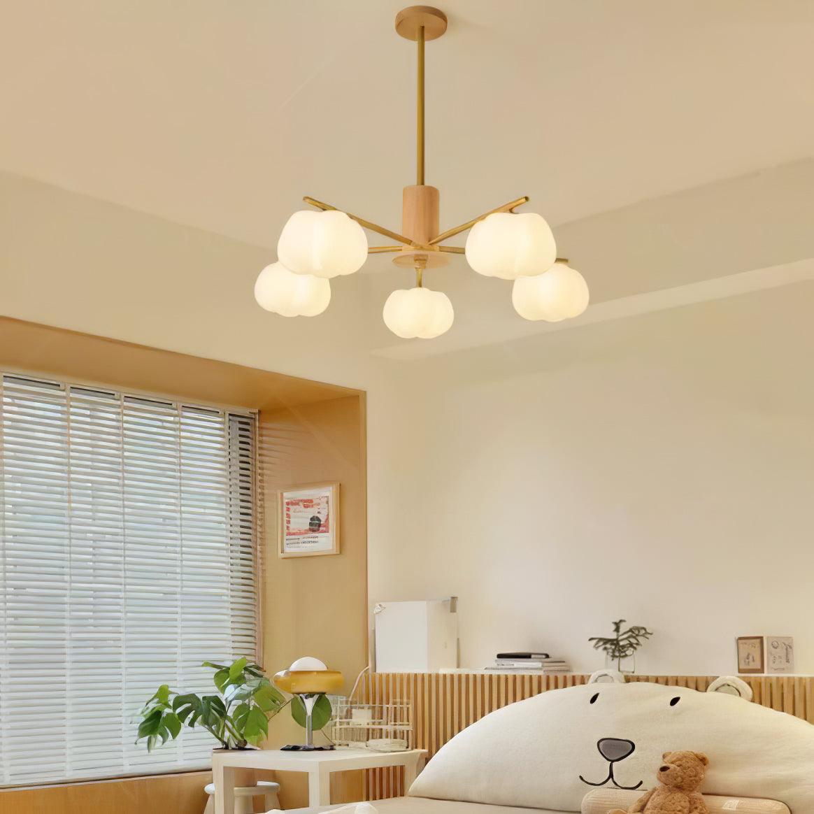 Modern Wooden Cotton Ball Chandelier with Gold Metal Accents for Living Room and Dining Room