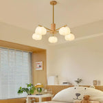 Modern Wooden Cotton Ball Chandelier with Gold Metal Accents for Living Room and Dining Room
