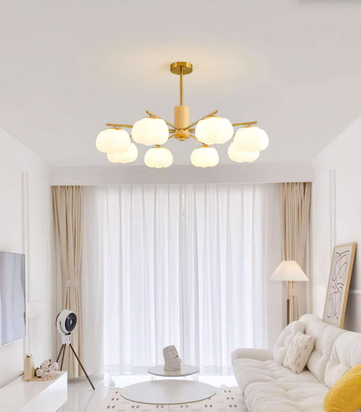Modern Wooden Cotton Ball Chandelier with Gold Metal Accents for Living Room and Dining Room