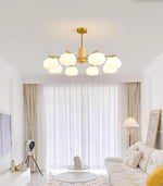Modern Wooden Cotton Ball Chandelier with Gold Metal Accents for Living Room and Dining Room