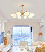 Modern Wooden Cotton Ball Chandelier with Gold Metal Accents for Living Room and Dining Room