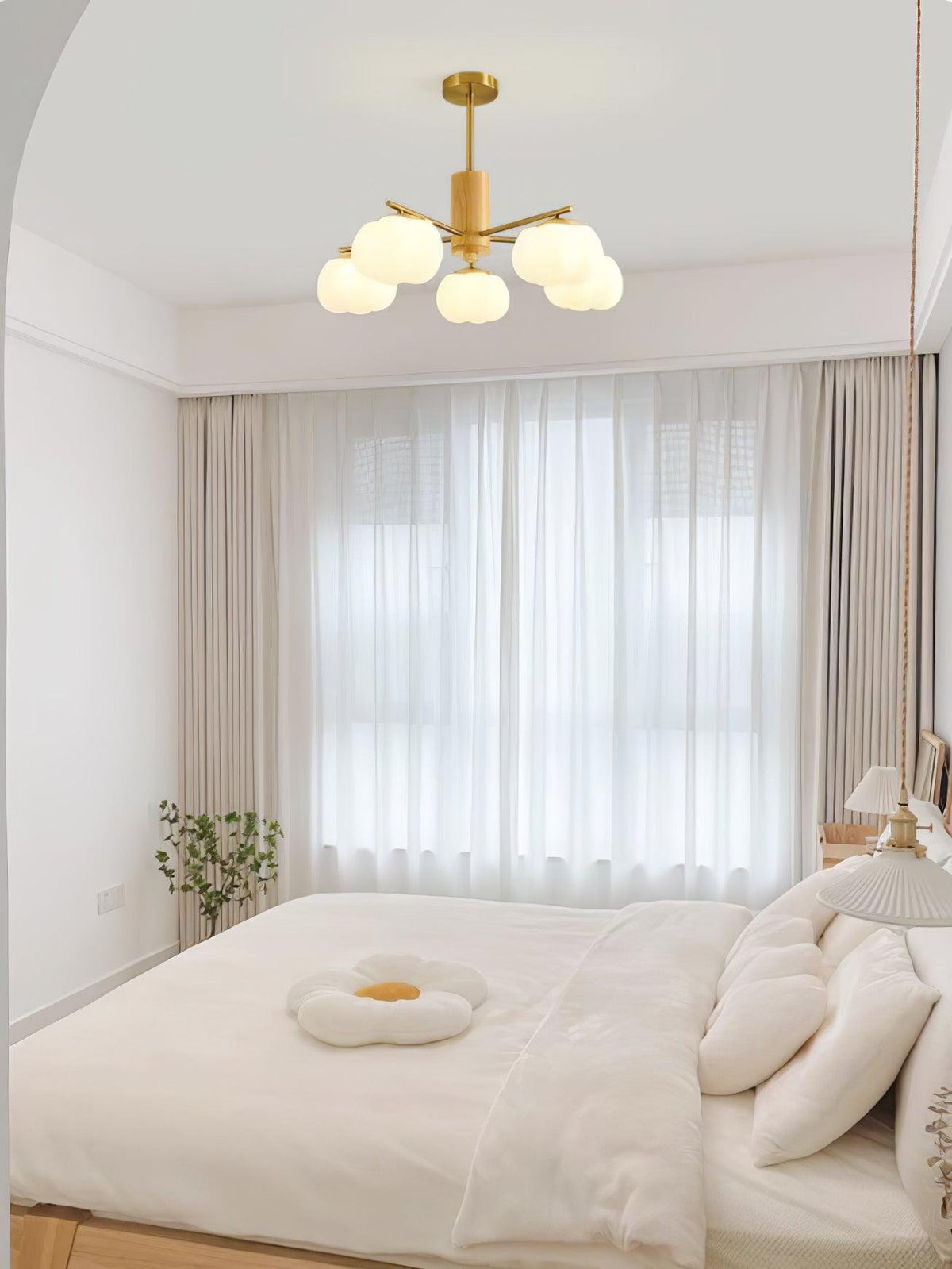 Modern Wooden Cotton Ball Chandelier with Gold Metal Accents for Living Room and Dining Room