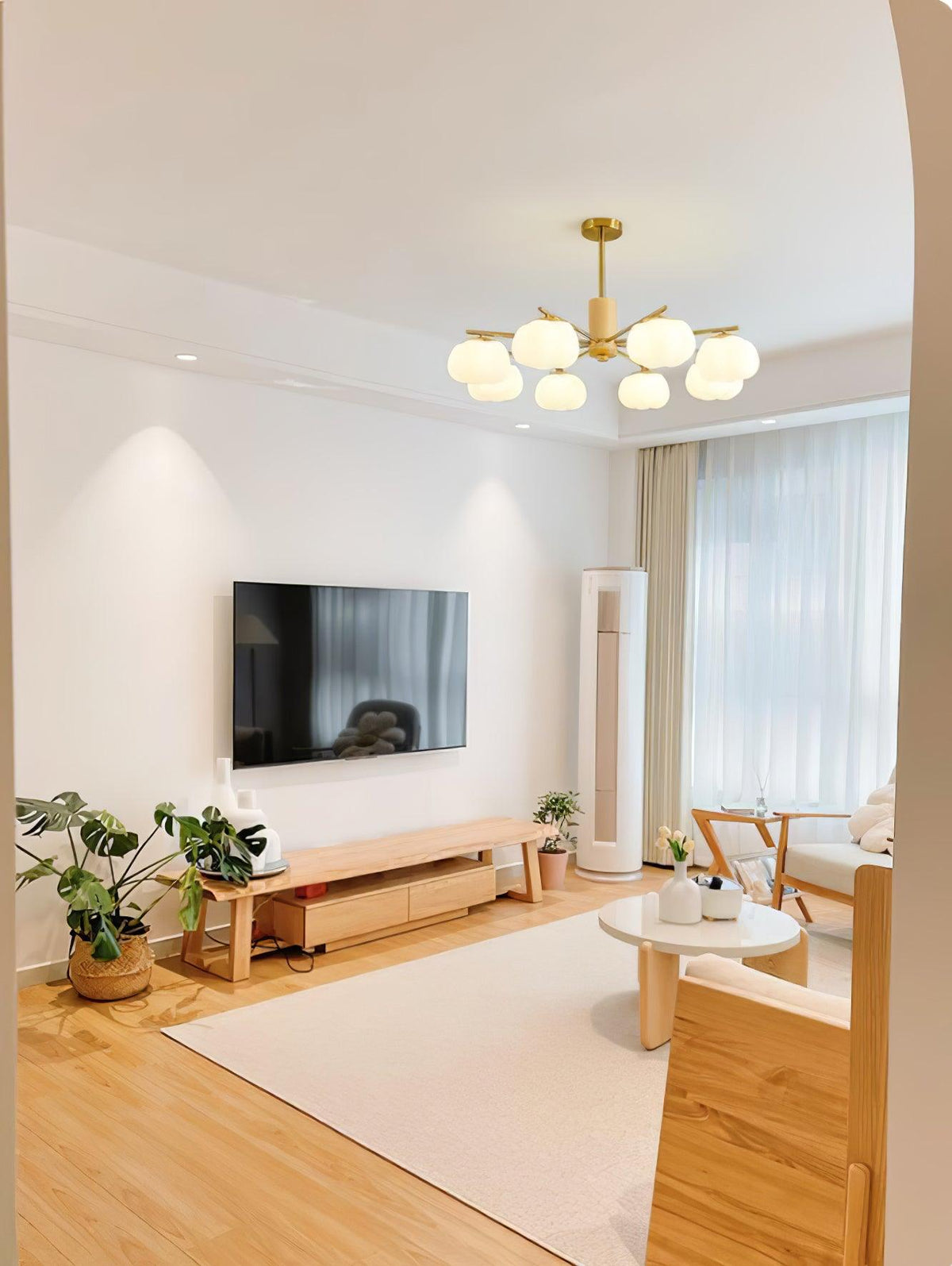 Modern Wooden Cotton Ball Chandelier with Gold Metal Accents for Living Room and Dining Room