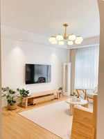 Modern Wooden Cotton Ball Chandelier with Gold Metal Accents for Living Room and Dining Room