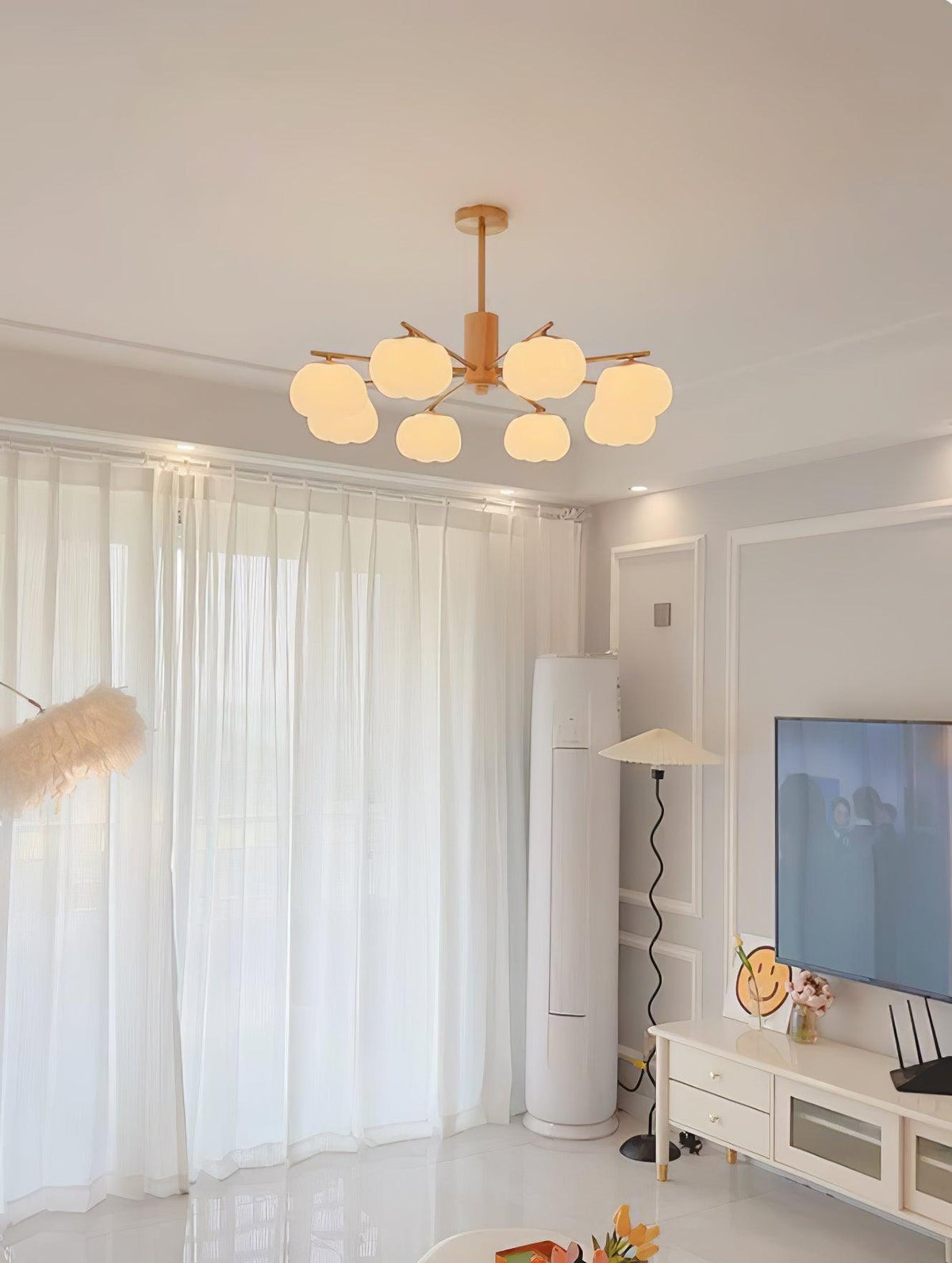 Modern Wooden Cotton Ball Chandelier with Gold Metal Accents for Living Room and Dining Room