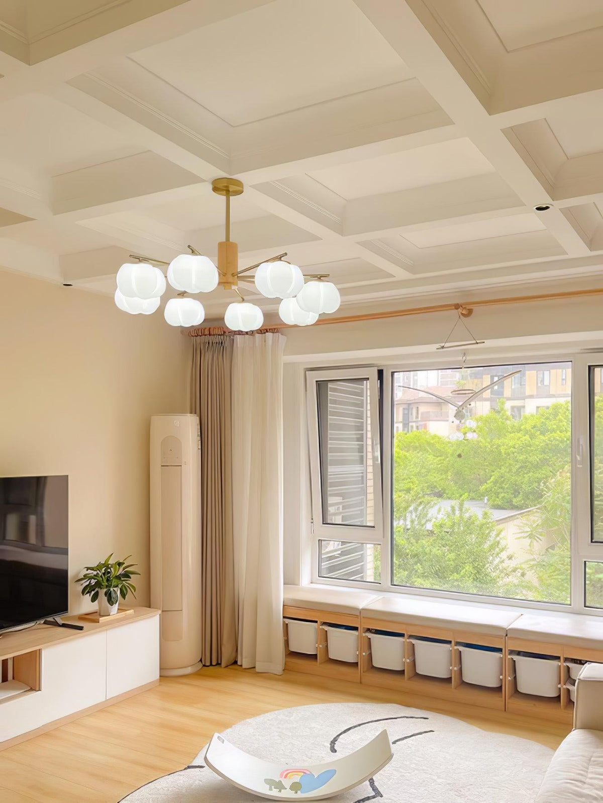 Modern Wooden Cotton Ball Chandelier with Gold Metal Accents for Living Room and Dining Room