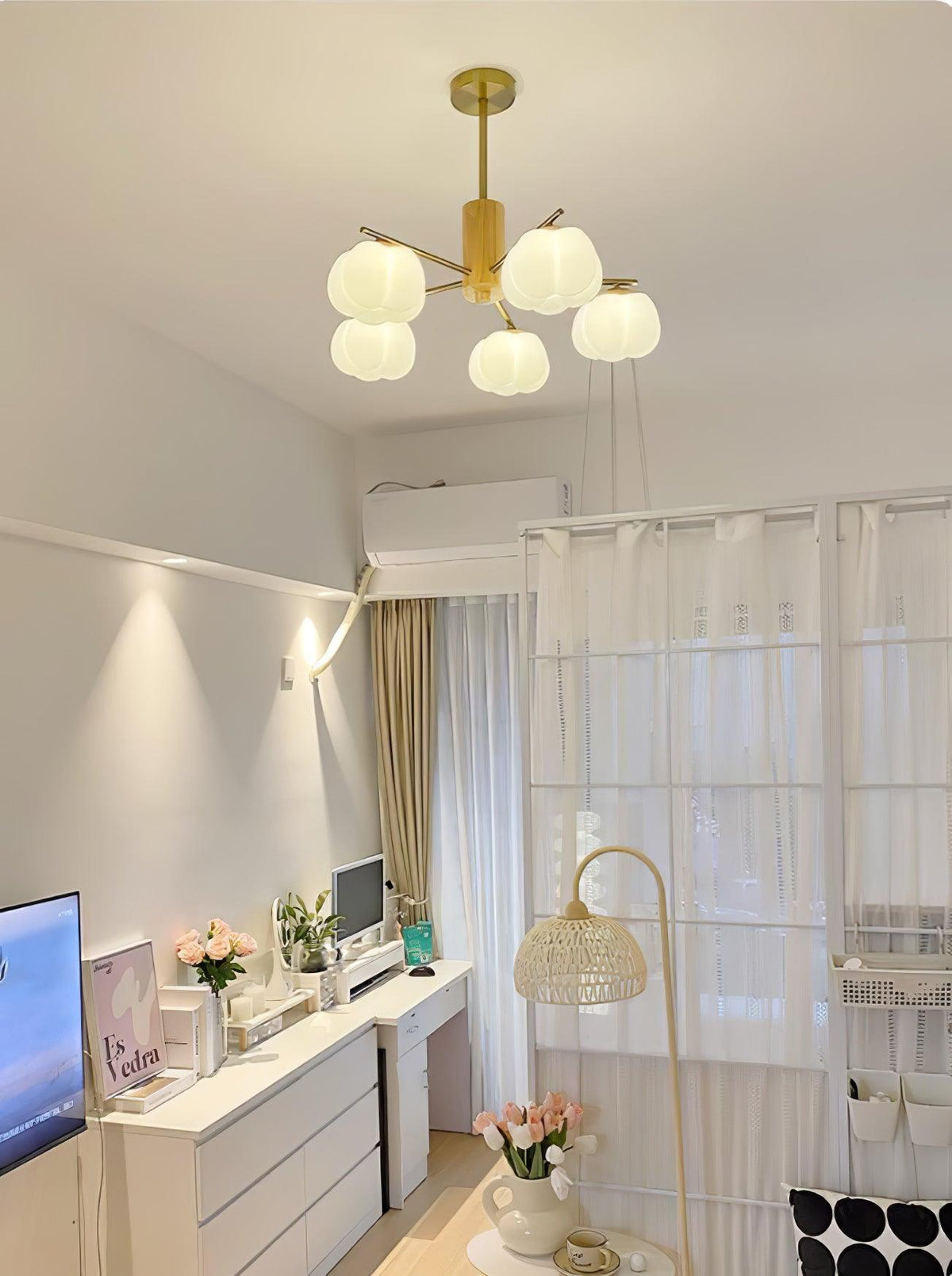 Modern Wooden Cotton Ball Chandelier with Gold Metal Accents for Living Room and Dining Room
