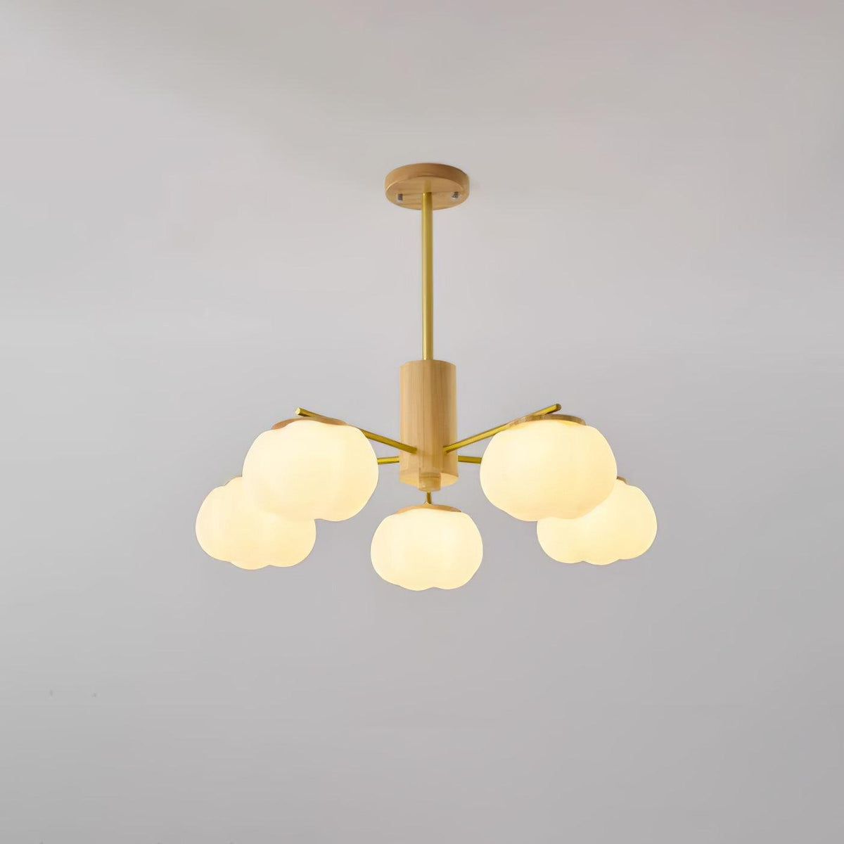 Modern Wooden Cotton Ball Chandelier with Gold Metal Accents for Living Room and Dining Room
