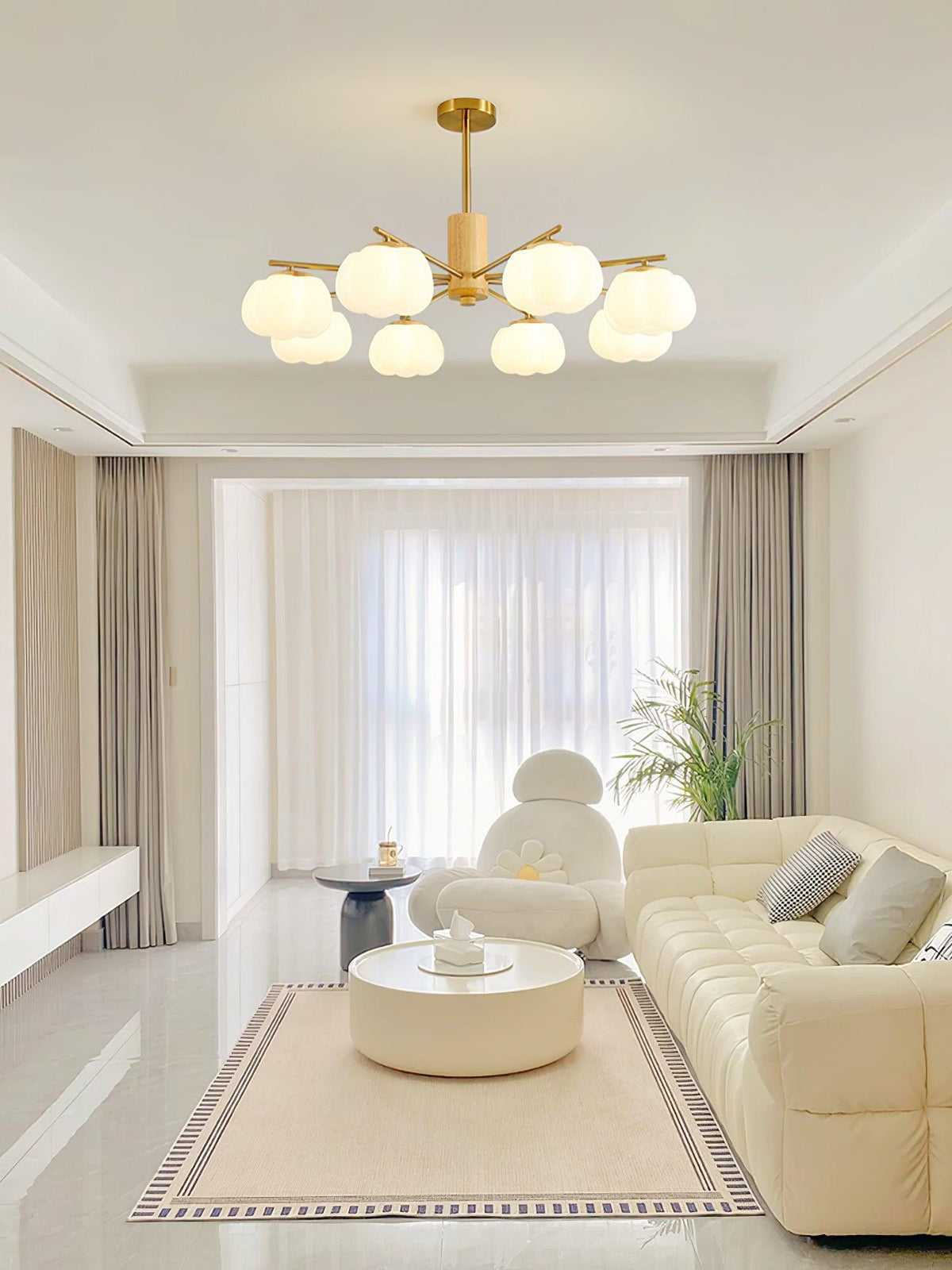 Modern Wooden Cotton Ball Chandelier with Gold Metal Accents for Living Room and Dining Room