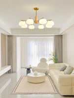 Modern Wooden Cotton Ball Chandelier with Gold Metal Accents for Living Room and Dining Room