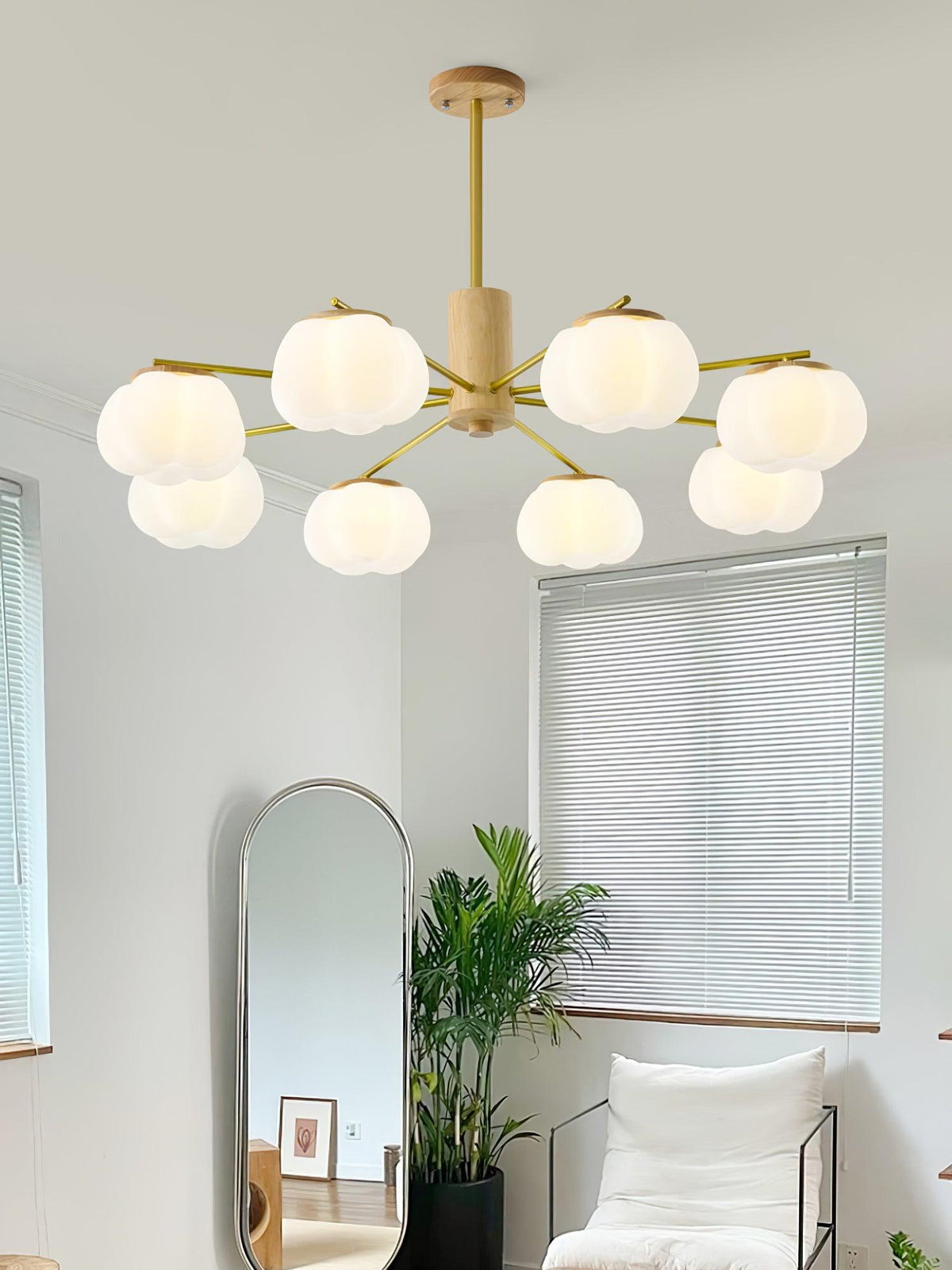 Modern Wooden Cotton Ball Chandelier with Gold Metal Accents for Living Room and Dining Room