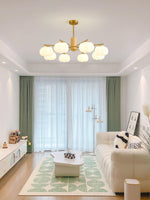 Modern Wooden Cotton Ball Chandelier with Gold Metal Accents for Living Room and Dining Room