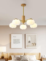 Modern Wooden Cotton Ball Chandelier with Gold Metal Accents for Living Room and Dining Room
