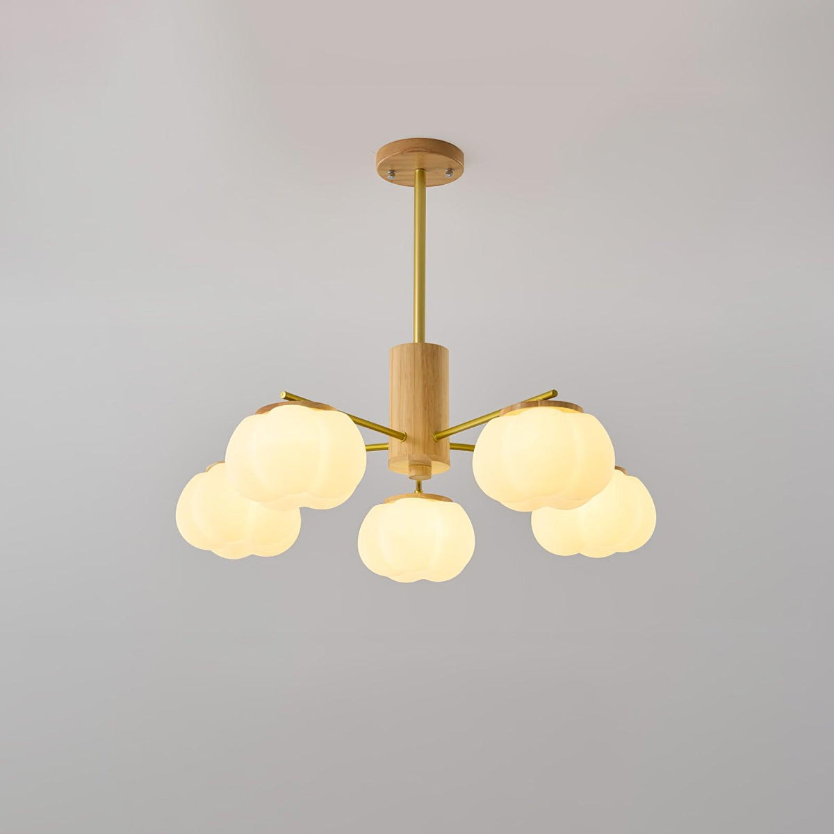 Modern Wooden Cotton Ball Chandelier with Gold Metal Accents for Living Room and Dining Room