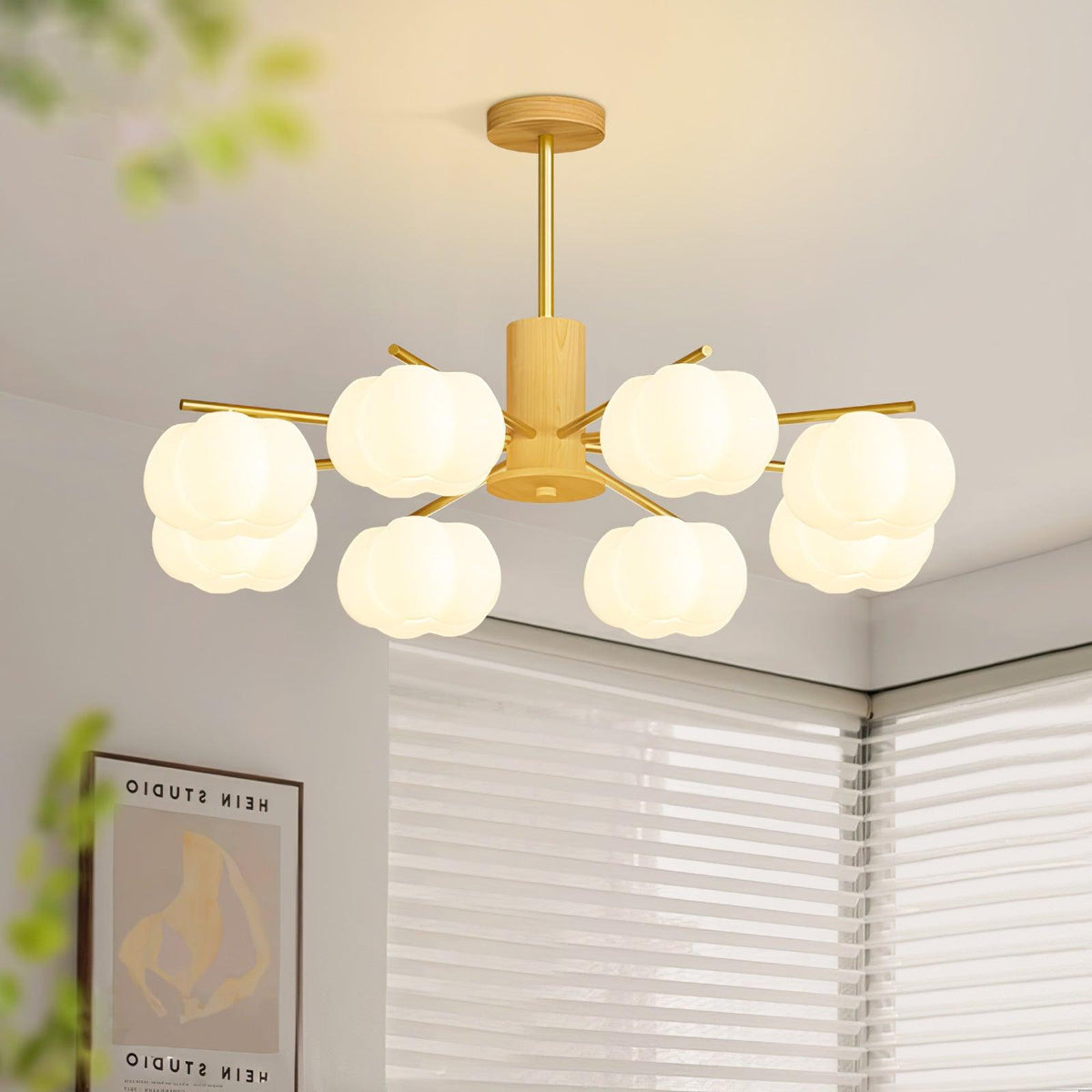 Modern Wooden Cotton Ball Chandelier with Gold Metal Accents for Living Room and Dining Room