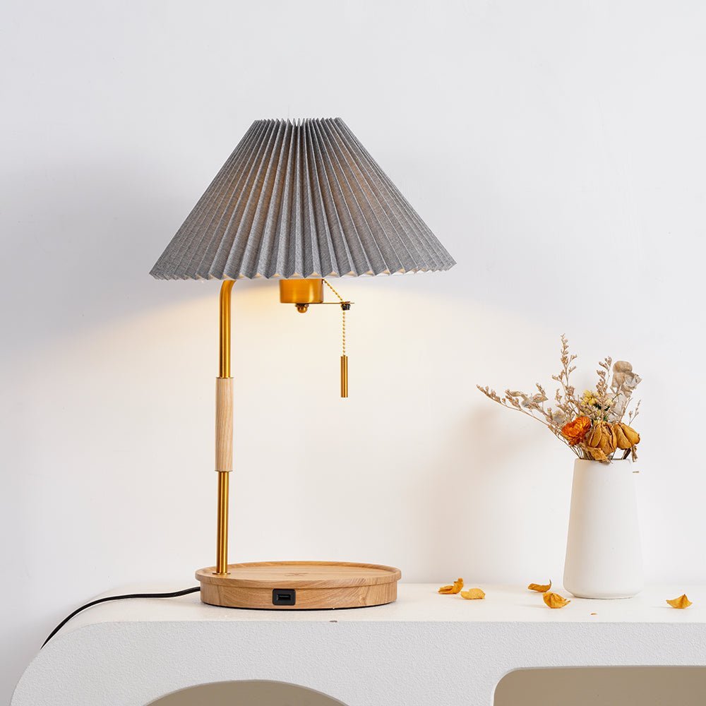 Pleated Retro Wooden Table Lamp with Brass Accents