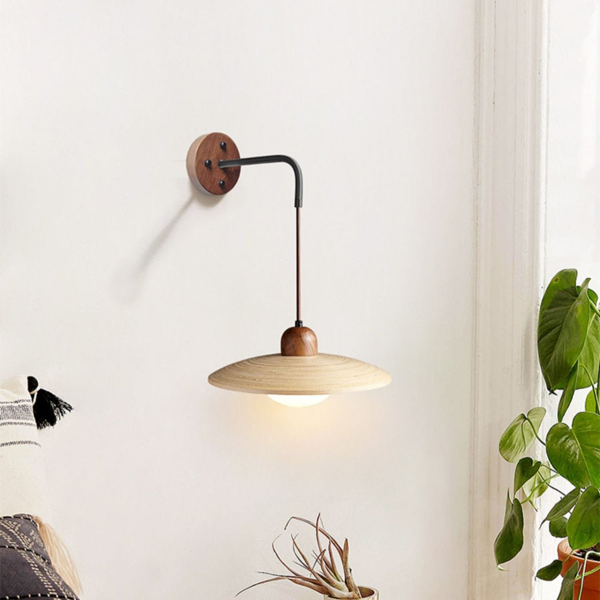 Modern Wooden Saucer Wall Sconce with Walnut Finish for Bedroom and Living Room