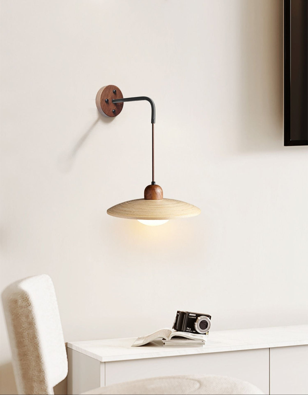 Modern Wooden Saucer Wall Sconce with Walnut Finish for Bedroom and Living Room