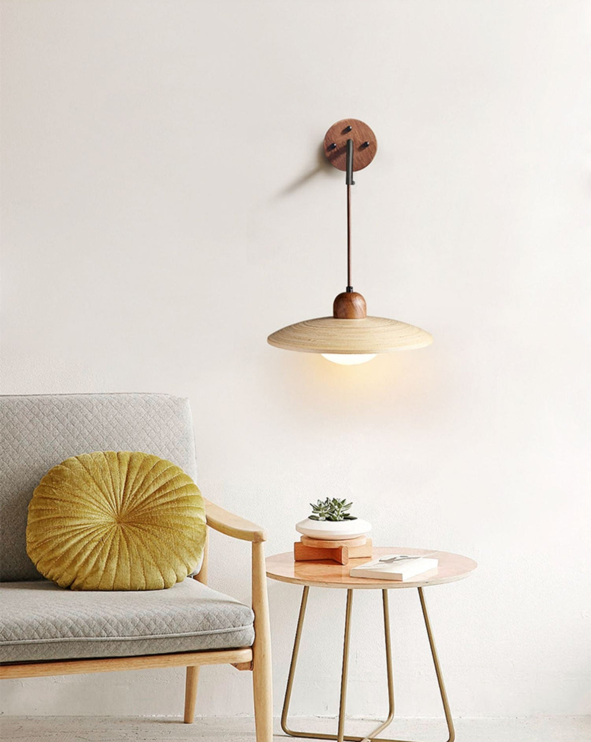 Modern Wooden Saucer Wall Sconce with Walnut Finish for Bedroom and Living Room