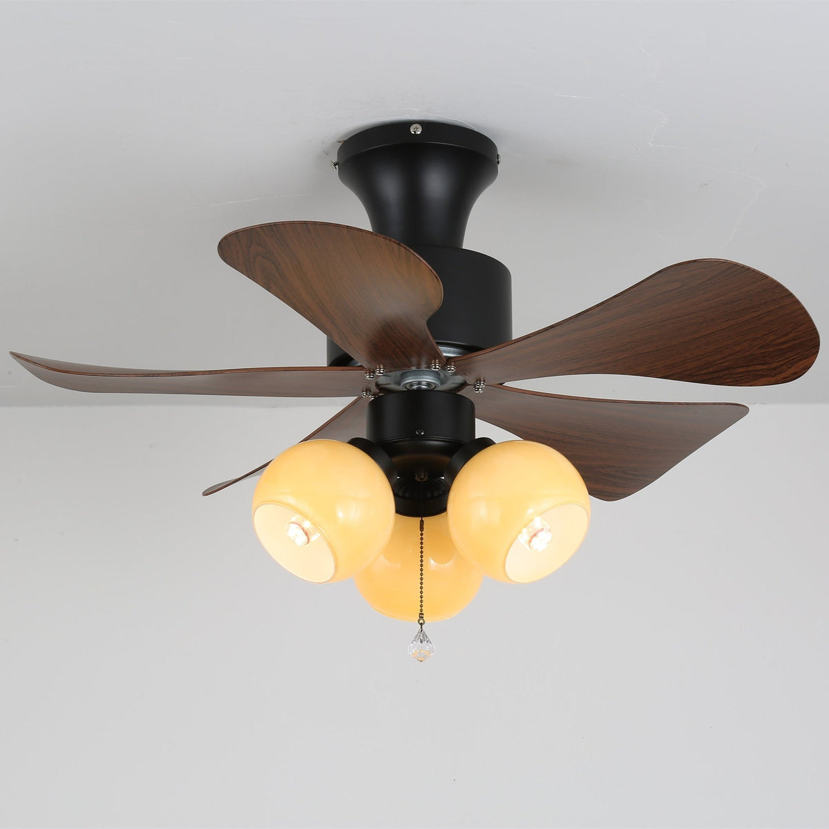 Woodgrain Charm Ceiling Fan with Amber Glass Globes and Remote