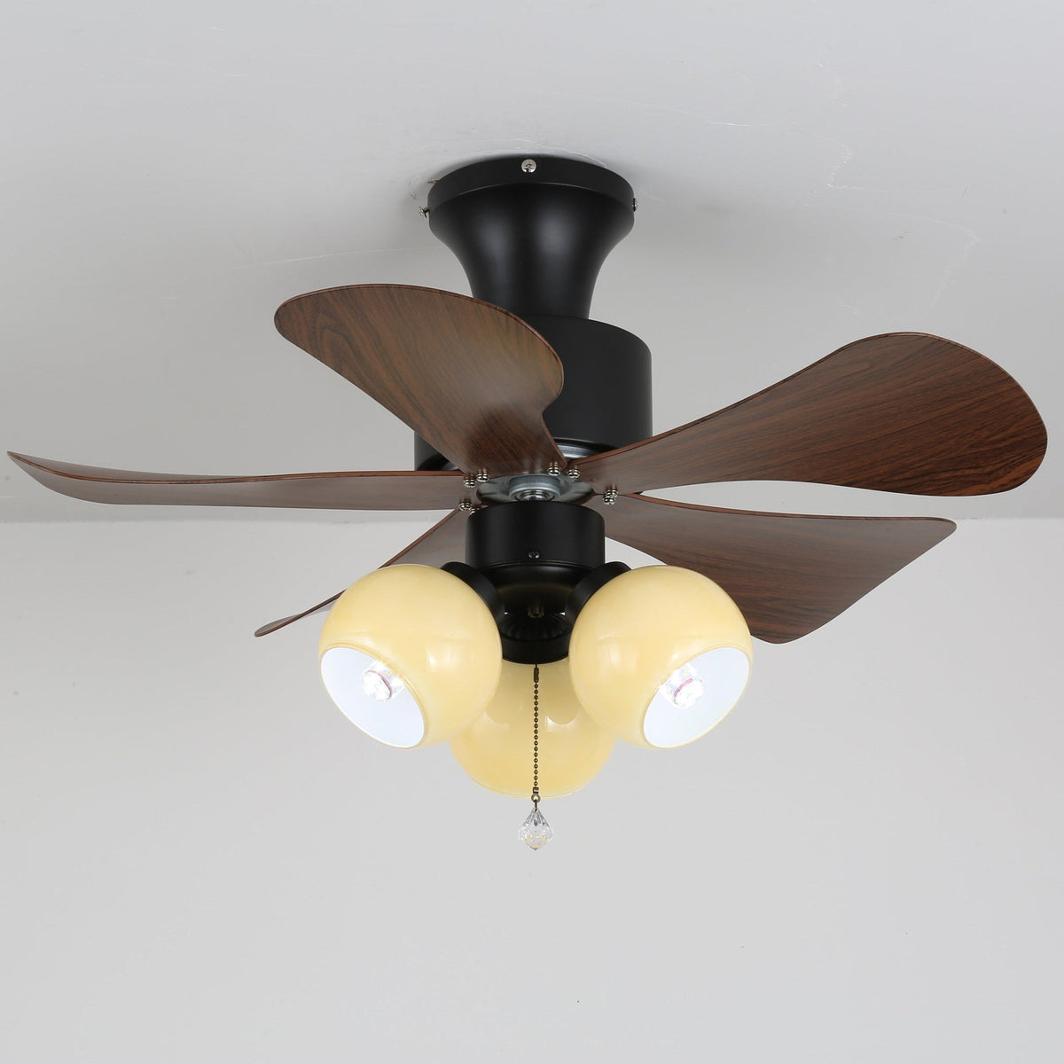 Woodgrain Charm Ceiling Fan with Amber Glass Globes and Remote