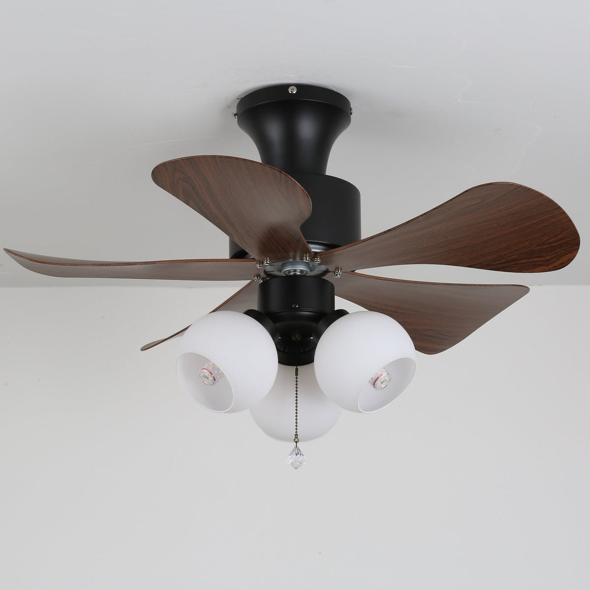 Woodgrain Charm Ceiling Fan with Amber Glass Globes and Remote