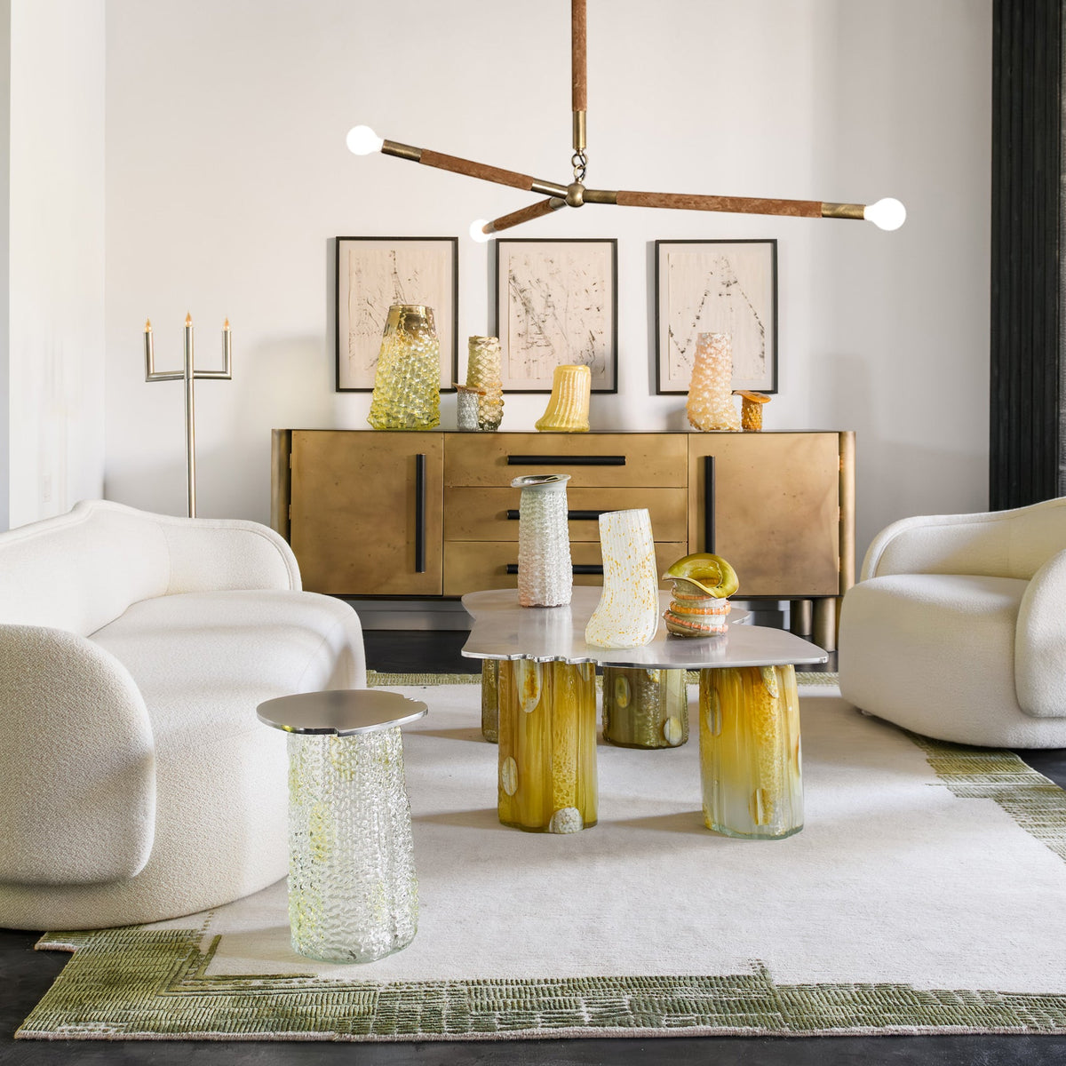 Wrapped Linear Chandelier in Brass and Leather – Modern Mid-Century Pendant Light