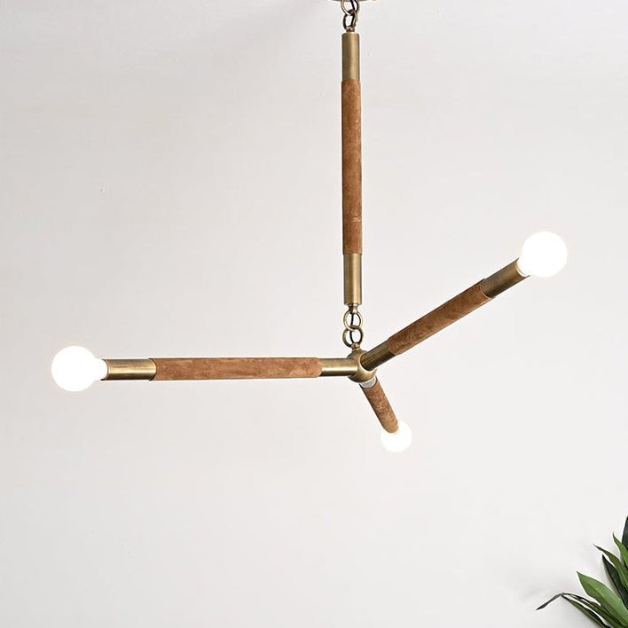 Wrapped Linear Chandelier in Brass and Leather – Modern Mid-Century Pendant Light
