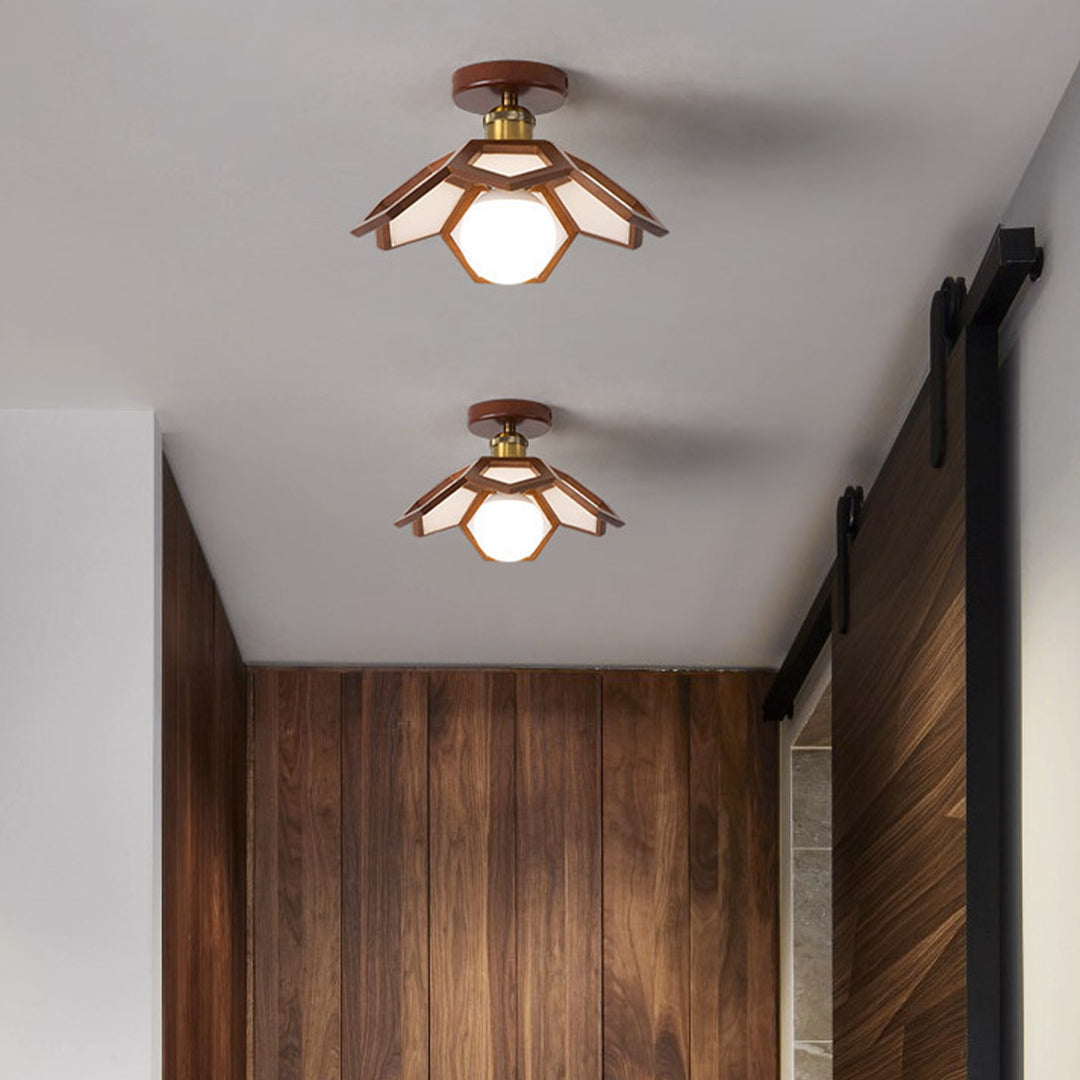 Lotus Wood Semi Flush Mount Ceiling Light in Natural Oak or Walnut