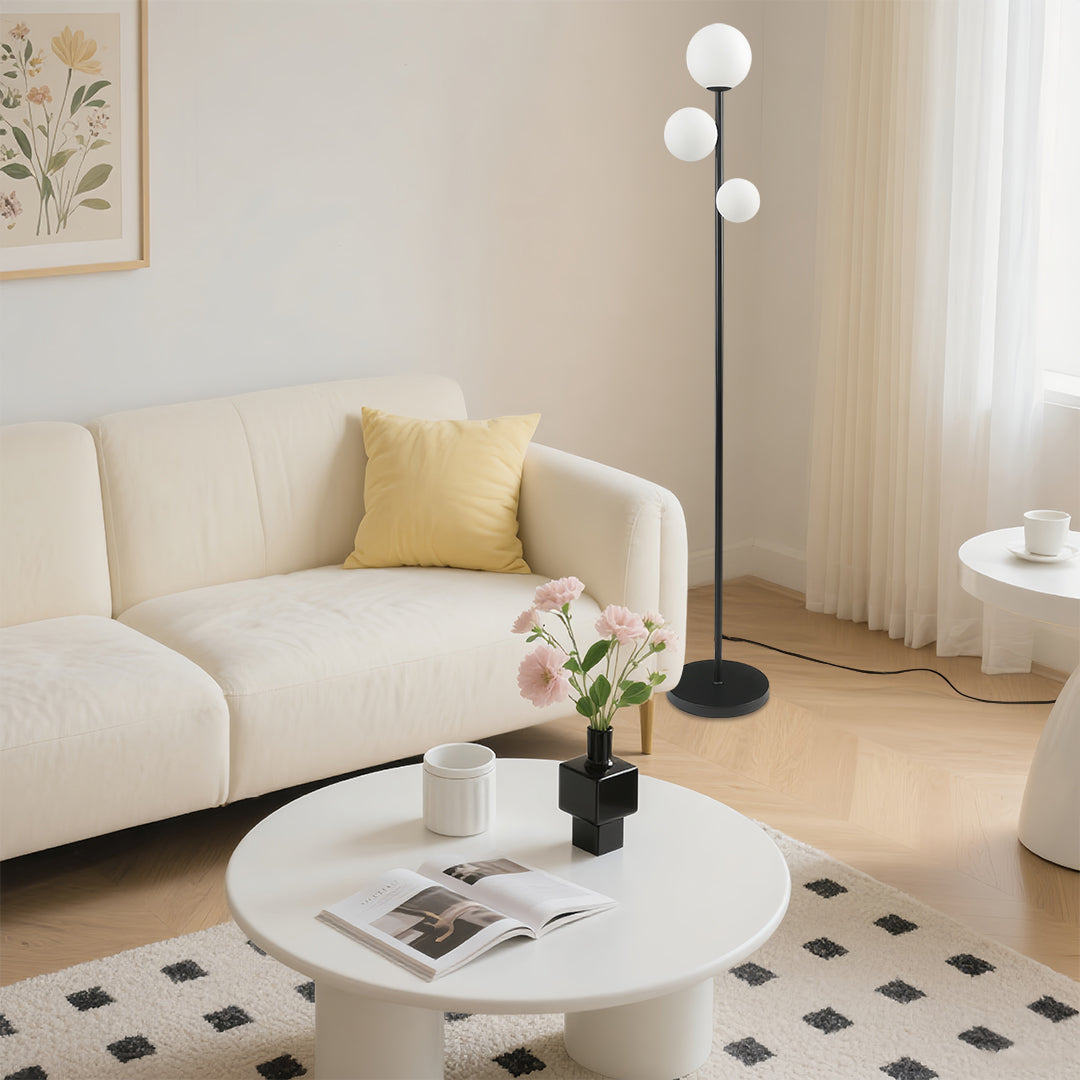 Aurelia Triple Globe Floor Lamp – Modern Sculptural Standing Light in Gold, Black, or White