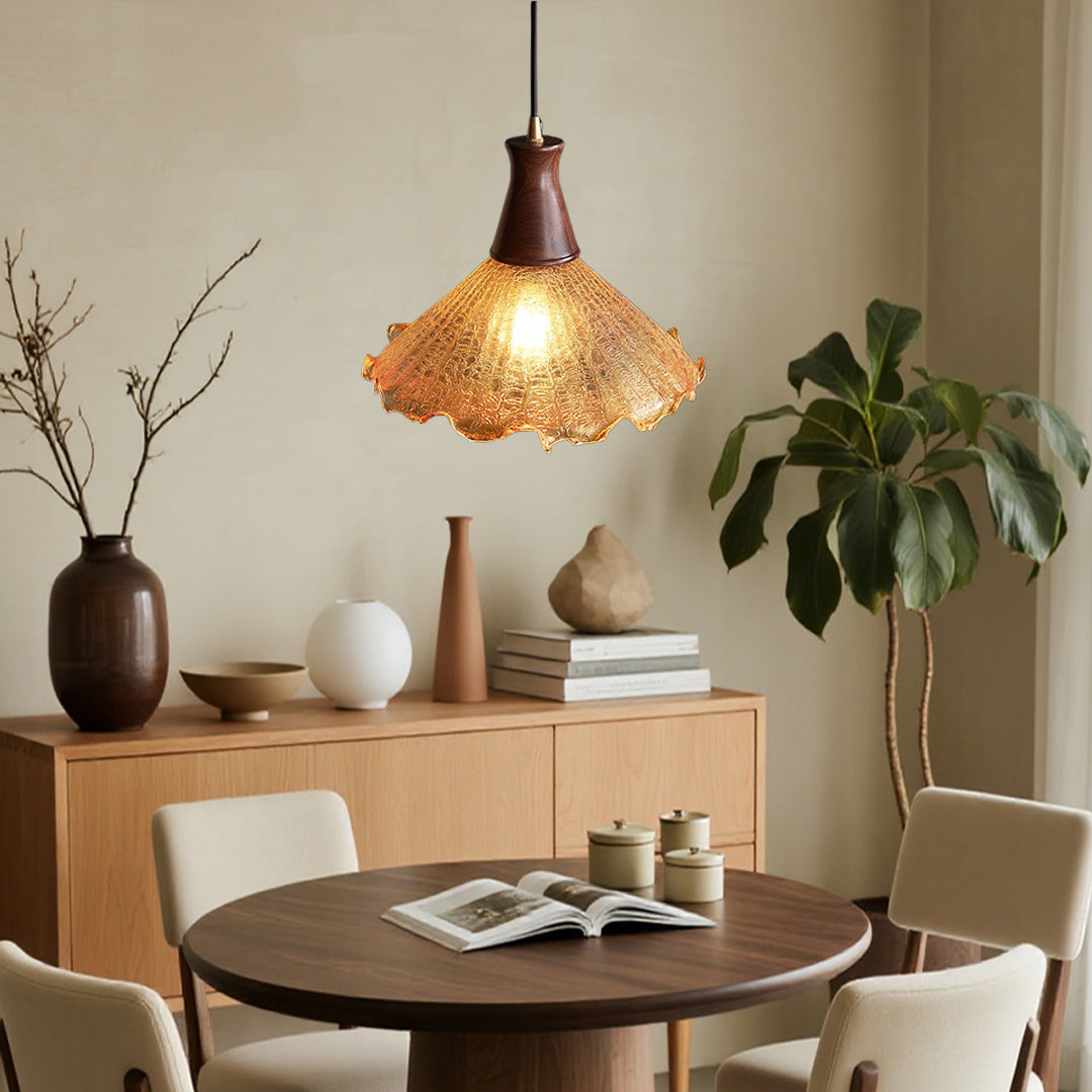 Vintage Brass Pendant Light with Walnut Wood and Cracked Glass Shade