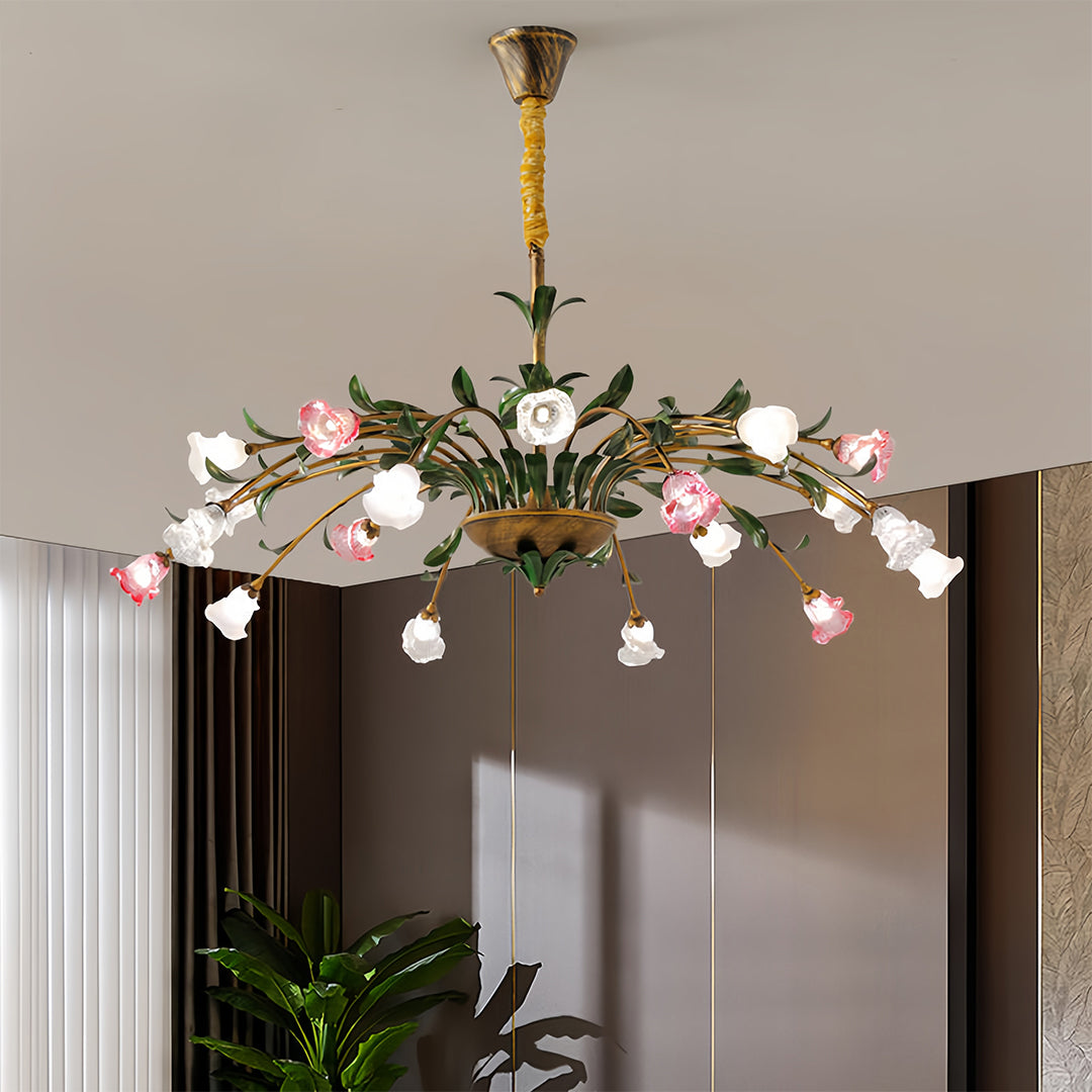 Vintage French Country Floral Iron Chandelier with Glass Shades