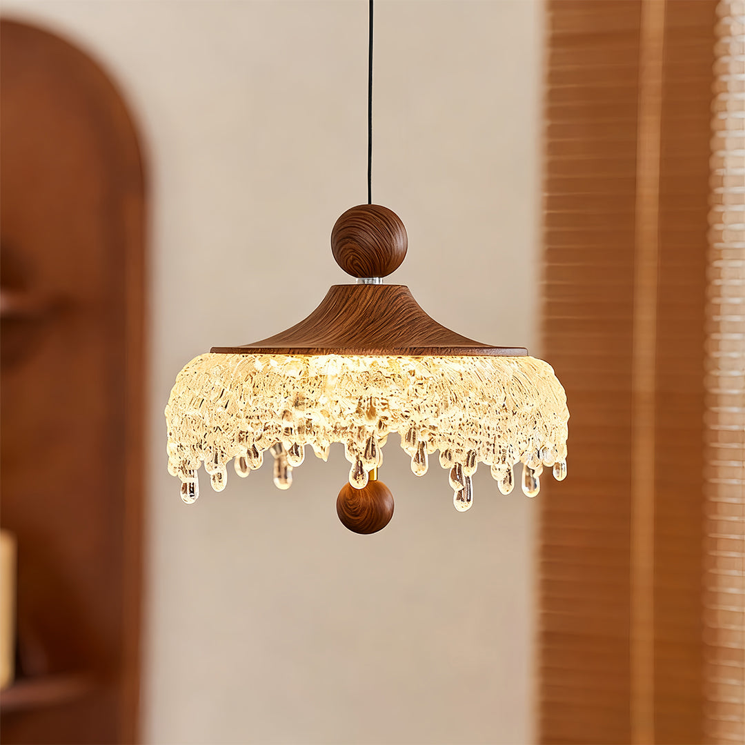 Walnut Teardrop Pendant Light with Acrylic Shade, Adjustable LED Hanging Lamp