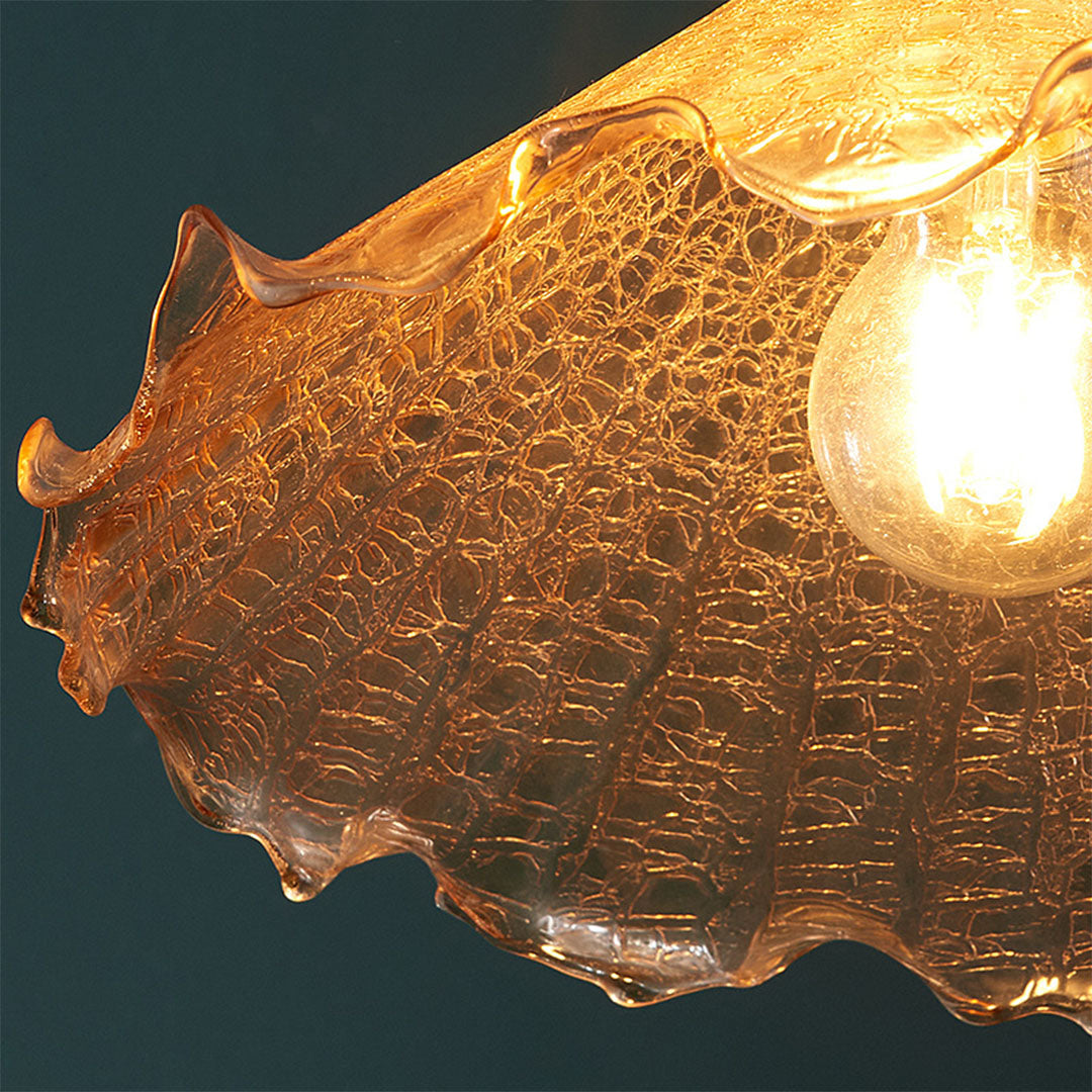 Vintage Brass Pendant Light with Walnut Wood and Cracked Glass Shade