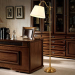 Copper Arc Floor Lamp with Fabric Shade – Vintage Modern Illumination