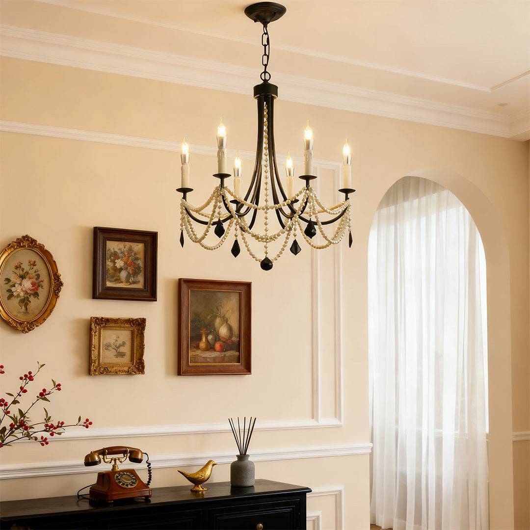Pearl Crystal Chandelier in Black Iron – Artistic Ceiling Light for Elegant Interiors